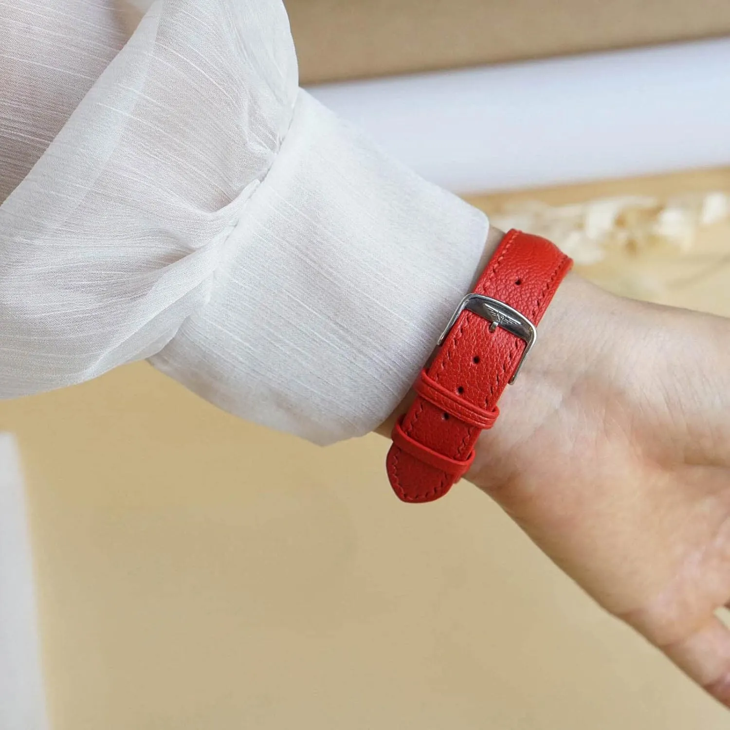 High Quality Red Goat leather watch band, Handmade Alran Chevre Sully leather watch strap (22mm, Steel Folding Clasp)