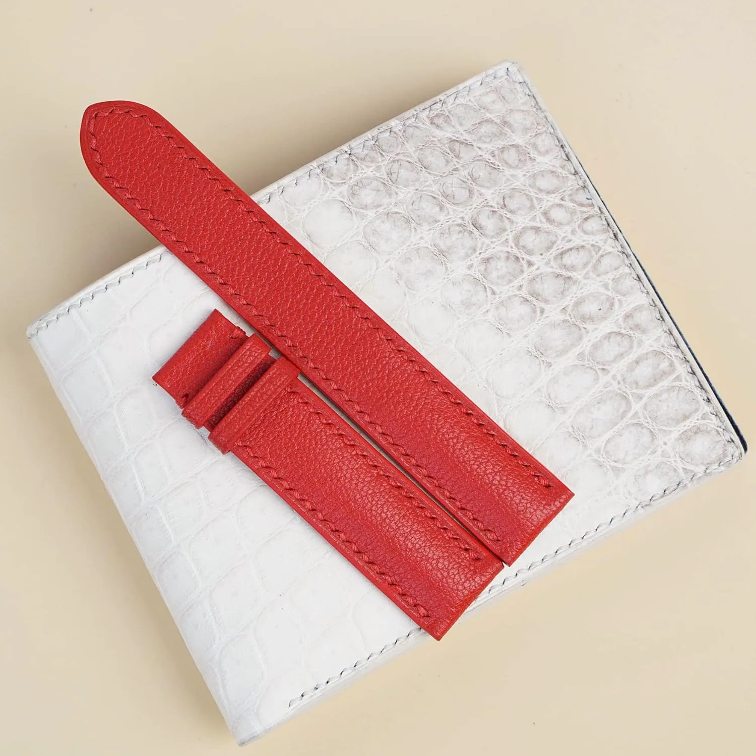 High Quality Red Goat leather watch band, Handmade Alran Chevre Sully leather watch strap (22mm, Steel Folding Clasp)