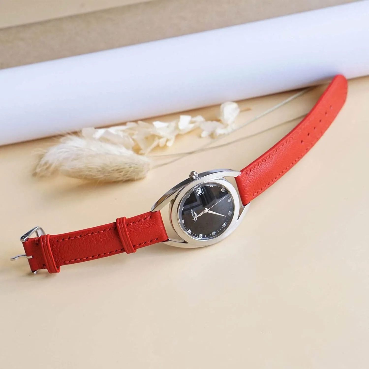 High Quality Red Goat leather watch band, Handmade Alran Chevre Sully leather watch strap (22mm, Steel Folding Clasp)