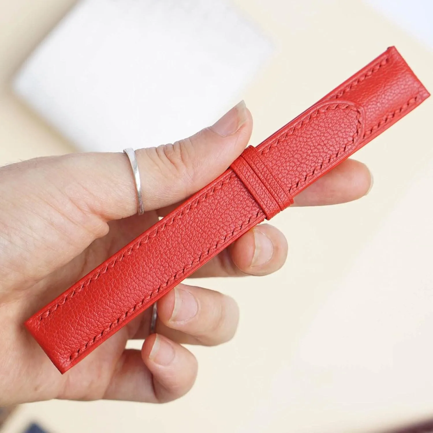 High Quality Red Goat leather watch band, Handmade Alran Chevre Sully leather watch strap (22mm, Steel Folding Clasp)