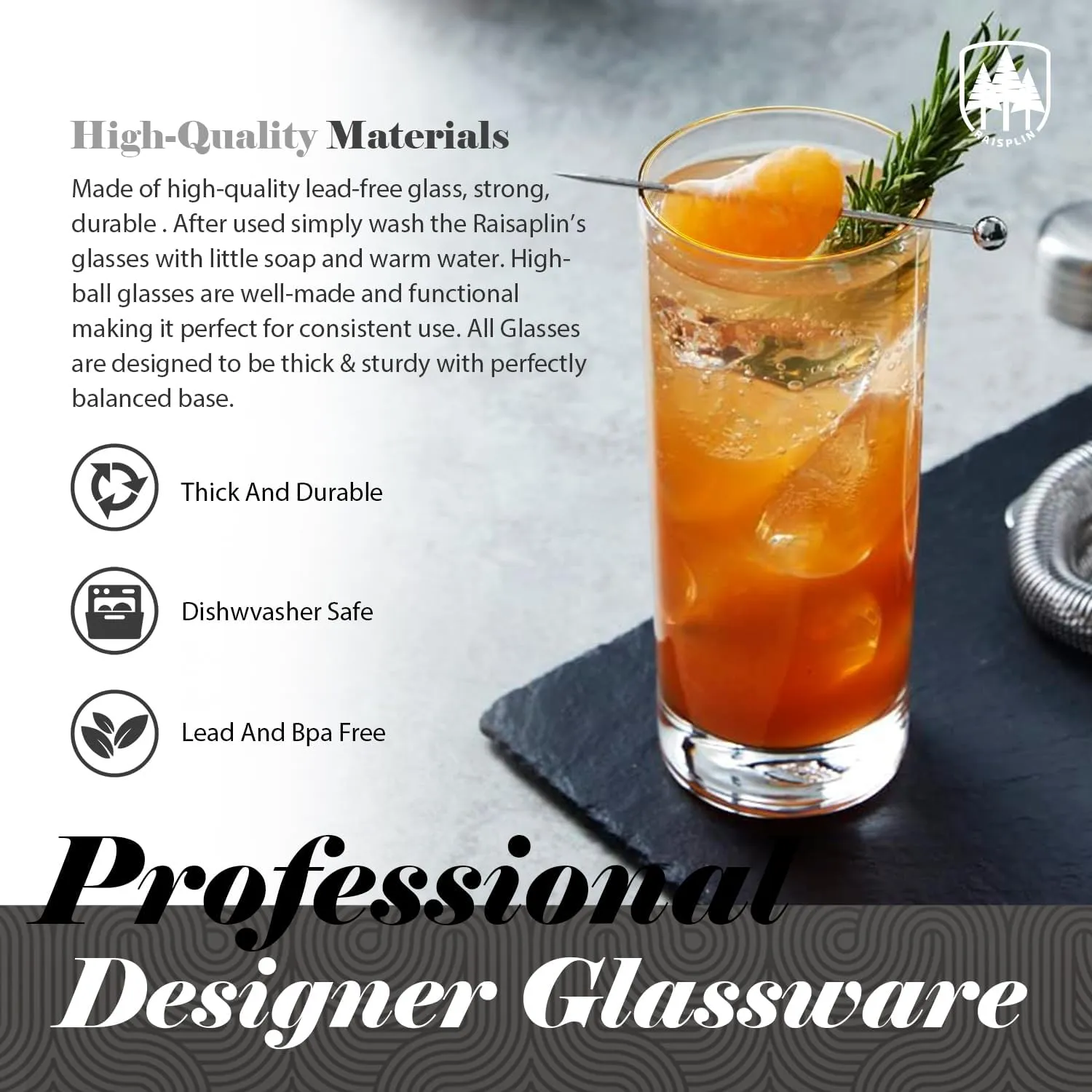 Highball Glasses Set of 6, Raisaplin 15 oz Clear Glass Tumbler Drinking Water Glasses Tall Glass Cups Mixed Drink Cocktail Glass Set Tom Collins Bar Glassware for Juice Whiskey Mojito Beer Iced Coffee