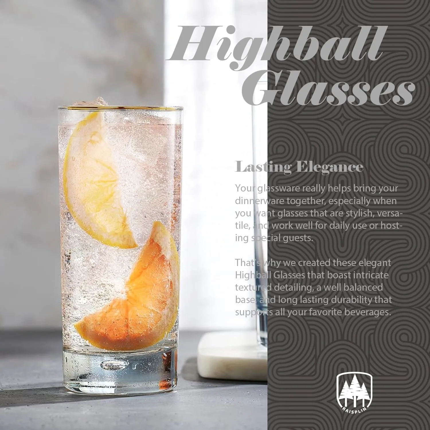 Highball Glasses Set of 6, Raisaplin 15 oz Clear Glass Tumbler Drinking Water Glasses Tall Glass Cups Mixed Drink Cocktail Glass Set Tom Collins Bar Glassware for Juice Whiskey Mojito Beer Iced Coffee
