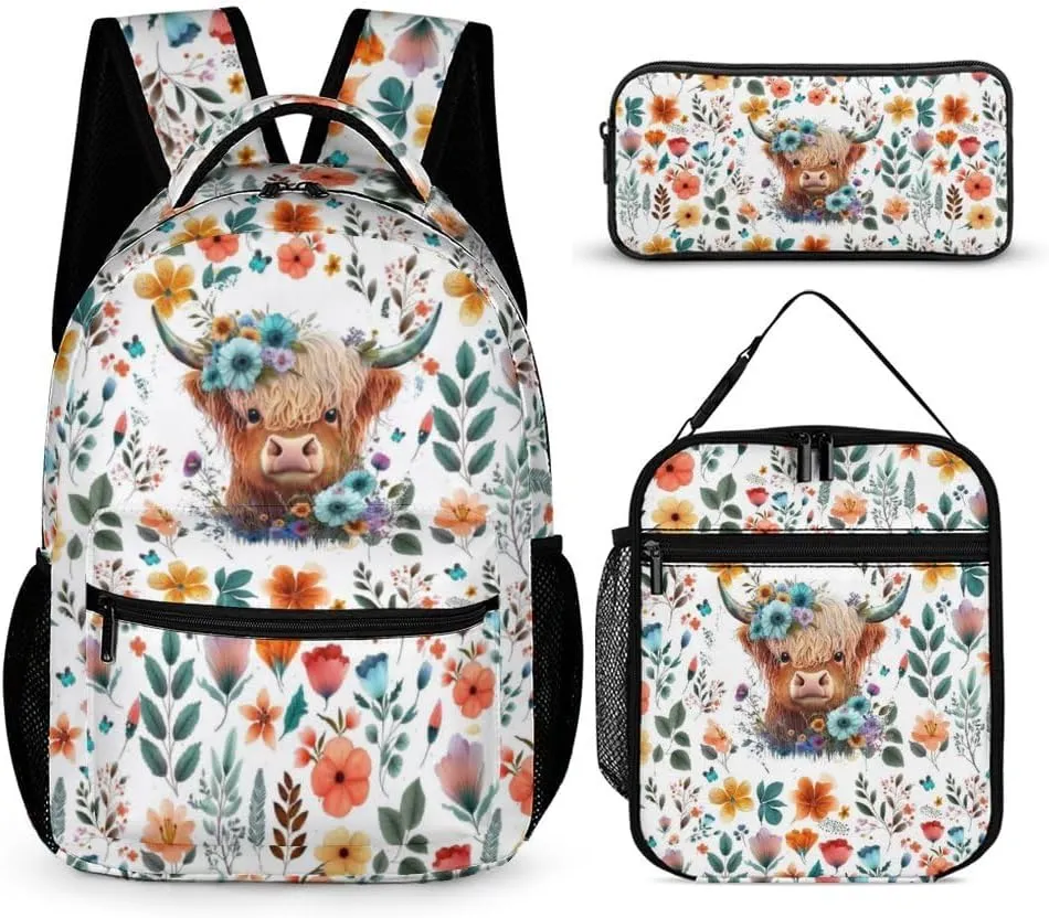 Highland Cow Backpack with Lunch Box & Pencil Case for Kids Girls Boys School, 16 Inch Cute Highland Cow Bookbag, School Backpack for Students Children, sustainable, Lightweight, Large Capacity