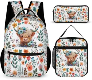 Highland Cow Backpack with Lunch Box & Pencil Case for Kids Girls Boys School, 16 Inch Cute Highland Cow Bookbag, School Backpack for Students Children, sustainable, Lightweight, Large Capacity