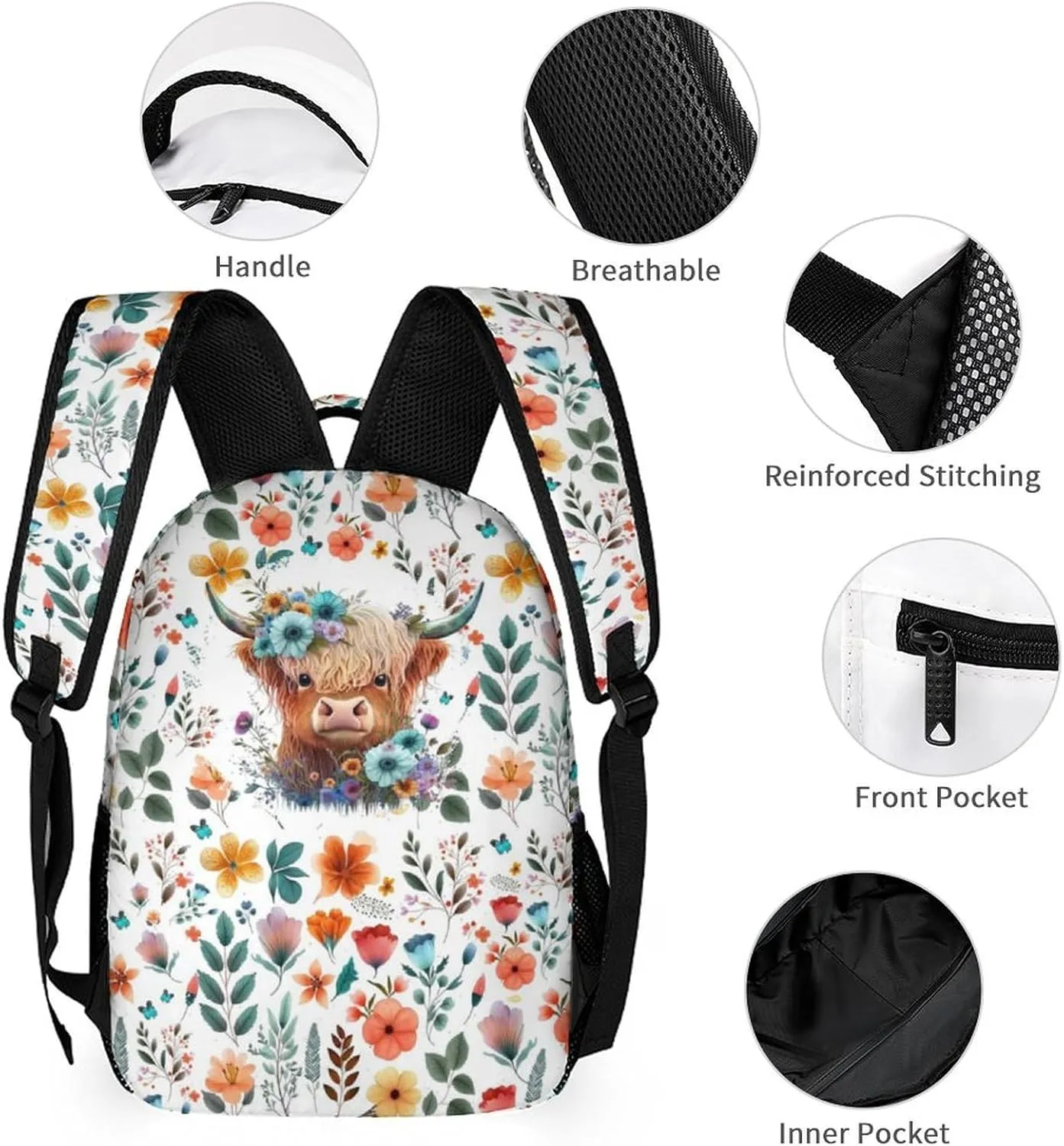 Highland Cow Backpack with Lunch Box & Pencil Case for Kids Girls Boys School, 16 Inch Cute Highland Cow Bookbag, School Backpack for Students Children, sustainable, Lightweight, Large Capacity