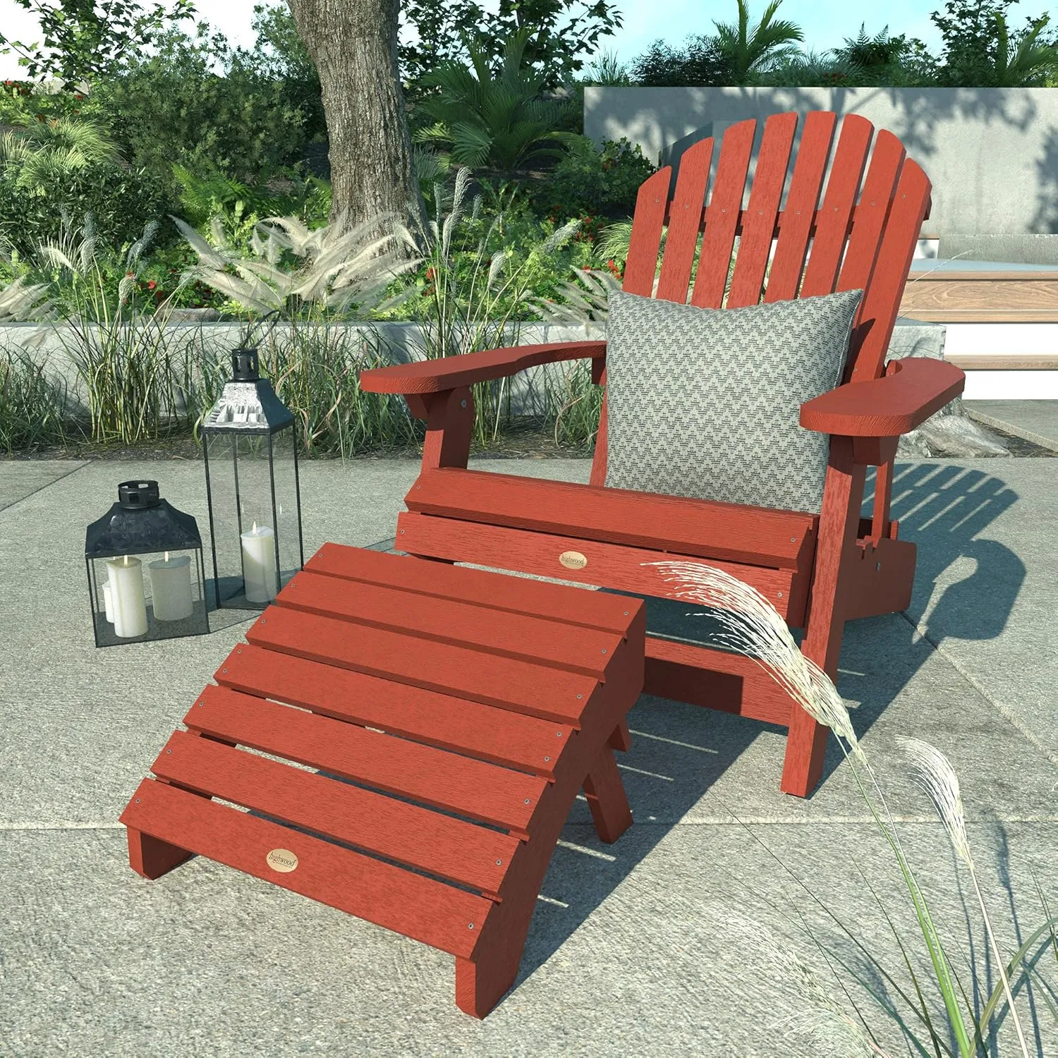 Highwood Hamilton King Size Folding & Reclining Adirondack Chair with Ottoman, Rustic Red