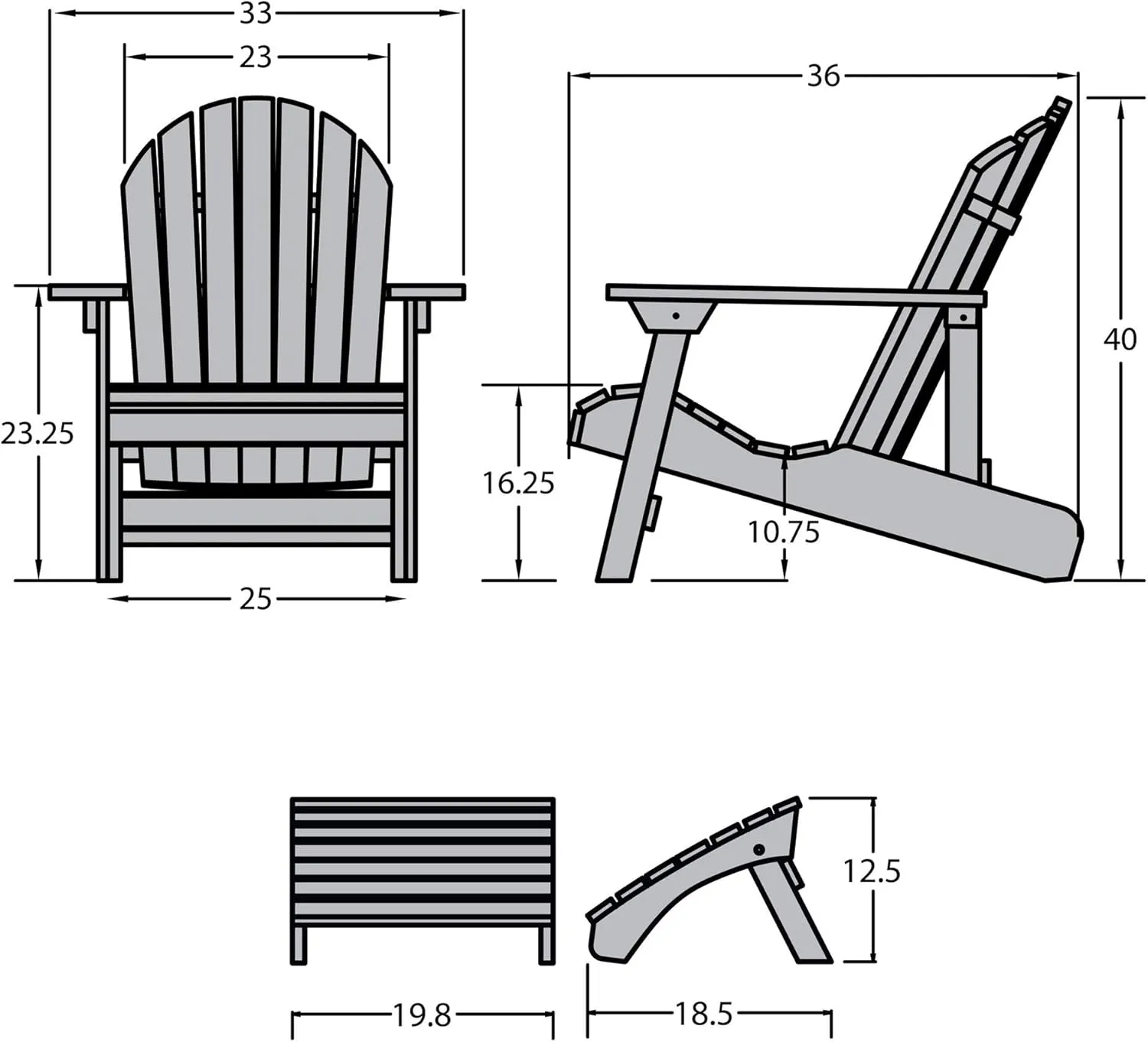 Highwood Hamilton King Size Folding & Reclining Adirondack Chair with Ottoman, Weathered Acorn
