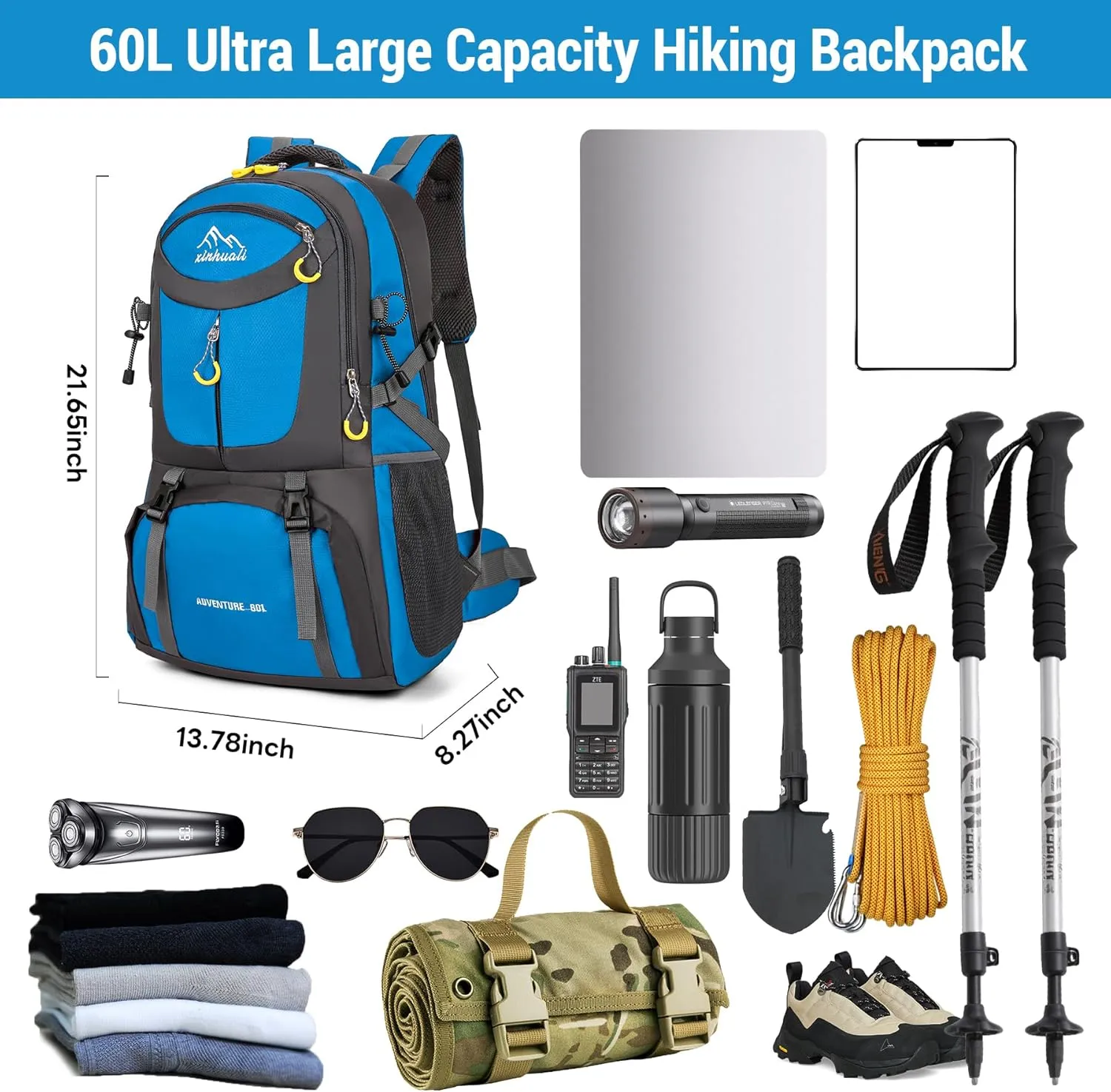 Hiking Backpack, 60L Large Camping Backpack Waterproof for Travel, Lightweight Day pack for Men Women, Blue