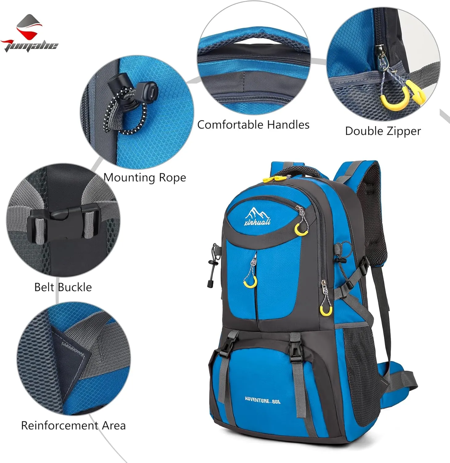Hiking Backpack, 60L Large Camping Backpack Waterproof for Travel, Lightweight Day pack for Men Women, Blue