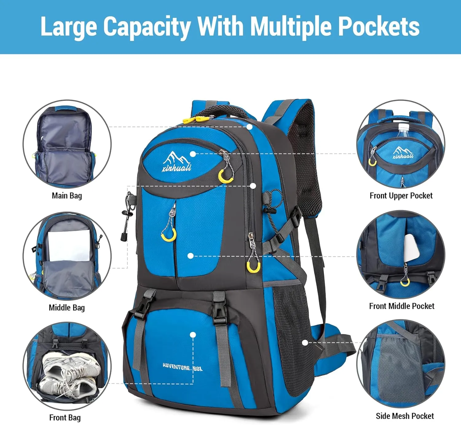 Hiking Backpack, 60L Large Camping Backpack Waterproof for Travel, Lightweight Day pack for Men Women, Blue