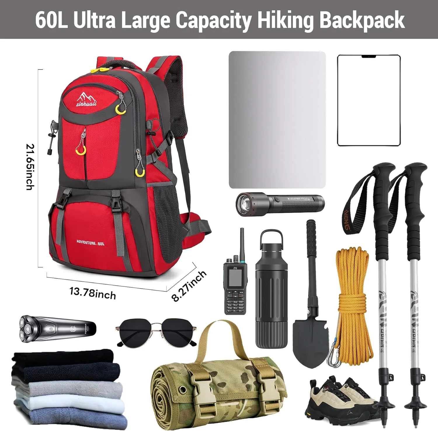 Hiking Backpack, 60L Large Camping Backpack Waterproof for Travel, Lightweight Day pack for Men Women, Red