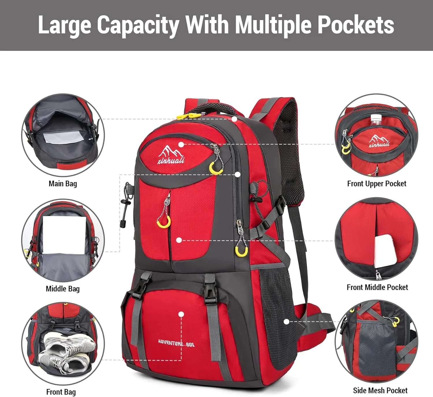 Hiking Backpack, 60L Large Camping Backpack Waterproof for Travel, Lightweight Day pack for Men Women, Red