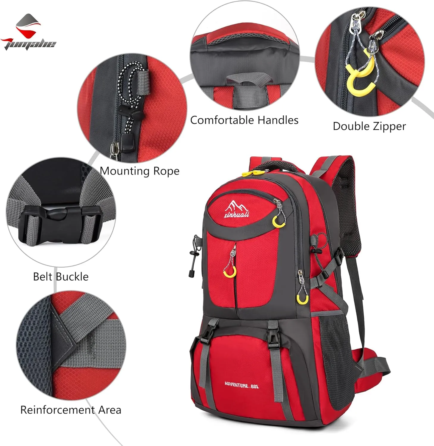 Hiking Backpack, 60L Large Camping Backpack Waterproof for Travel, Lightweight Day pack for Men Women, Red