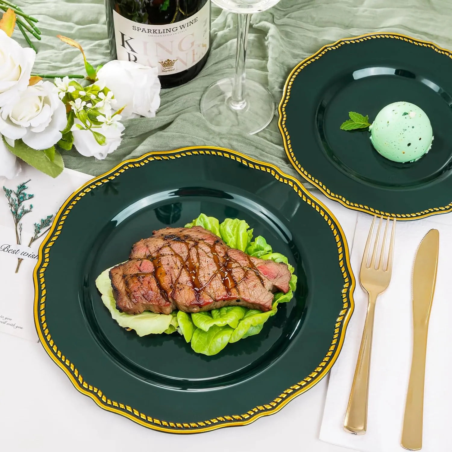 Hioasis 60pcs Green Plastic Plates - Emerald and Gold Disposable Plates, 10.25 inch Plastic Dinner Plates, Perfect for Wedding & Party & Holiday