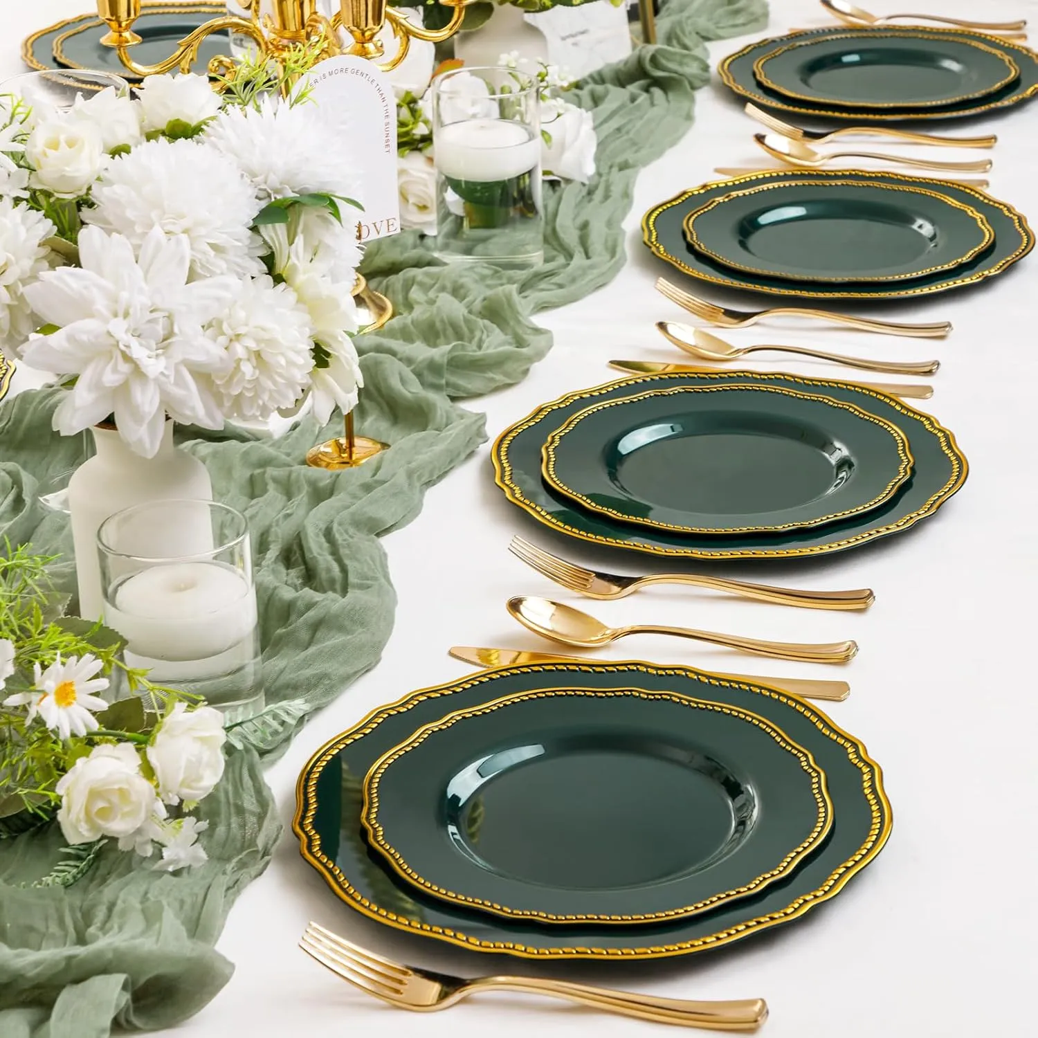 Hioasis 60pcs Green Plastic Plates - Emerald and Gold Disposable Plates, 10.25 inch Plastic Dinner Plates, Perfect for Wedding & Party & Holiday