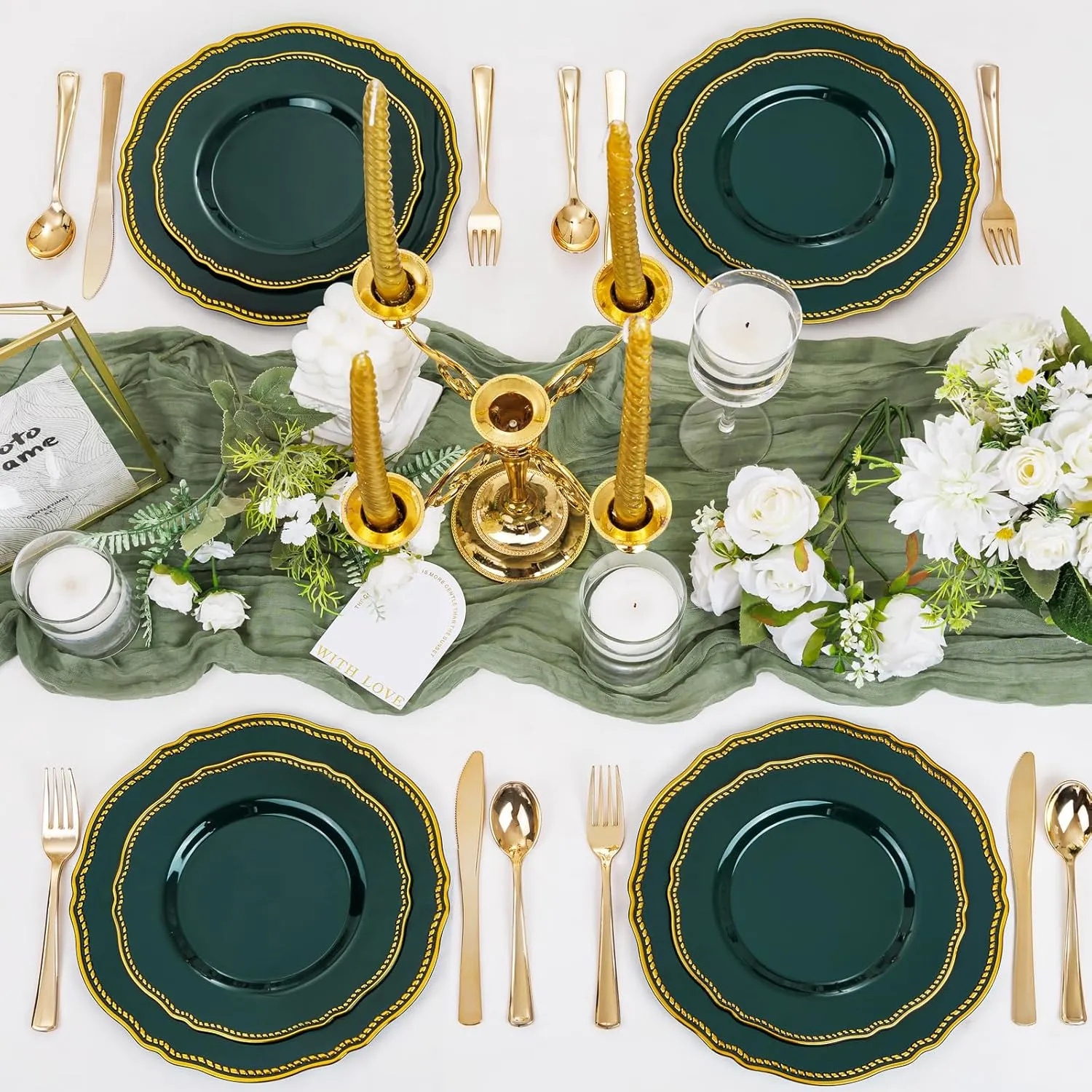 Hioasis 60pcs Green Plastic Plates - Emerald and Gold Disposable Plates, 10.25 inch Plastic Dinner Plates, Perfect for Wedding & Party & Holiday