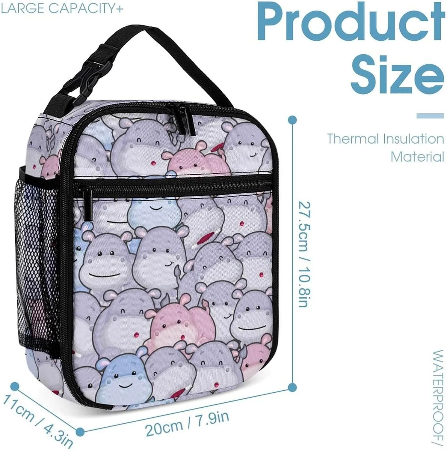 Hippo Backpack with Lunch Box & Pencil Case for Kids Girls Boys School, 16 Inch Cute Hippos Bookbag, School Backpack for Students Children, Lightweight, Large Capacity