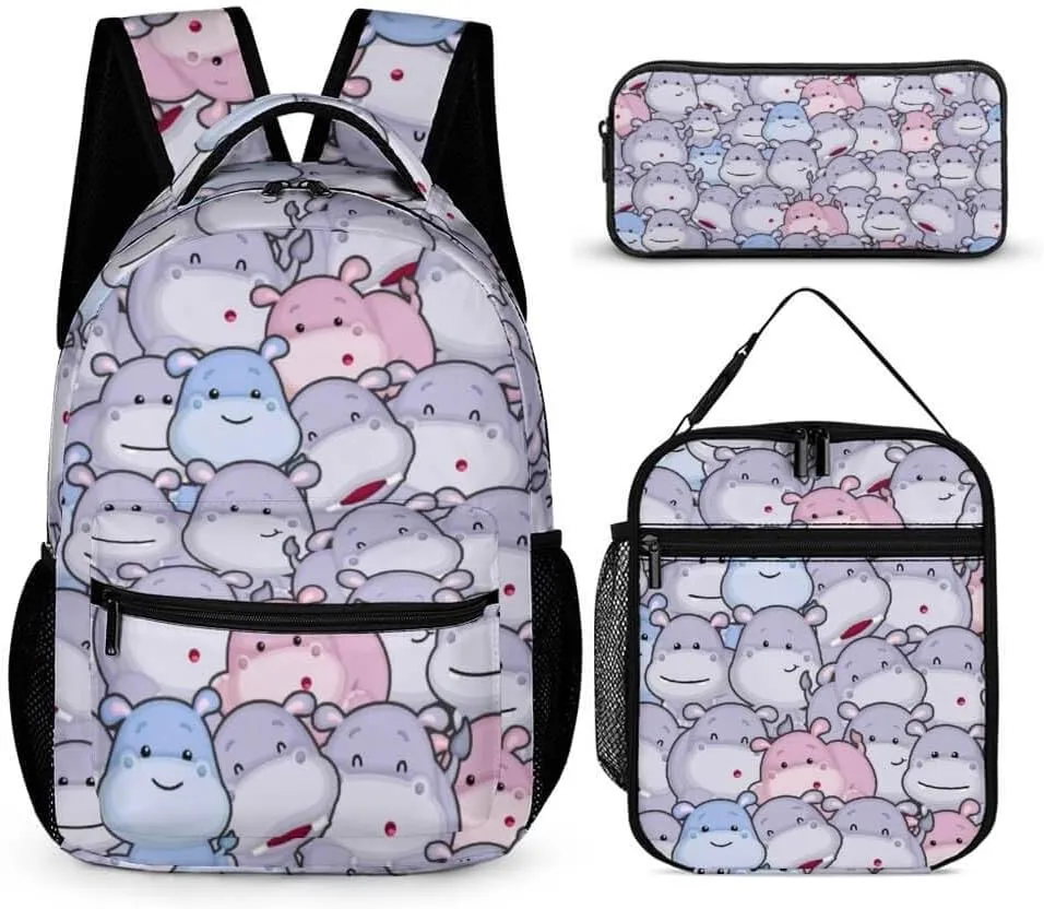Hippo Backpack with Lunch Box & Pencil Case for Kids Girls Boys School, 16 Inch Cute Hippos Bookbag, School Backpack for Students Children, Lightweight, Large Capacity