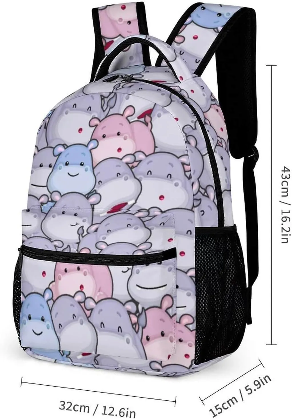 Hippo Backpack with Lunch Box & Pencil Case for Kids Girls Boys School, 16 Inch Cute Hippos Bookbag, School Backpack for Students Children, Lightweight, Large Capacity