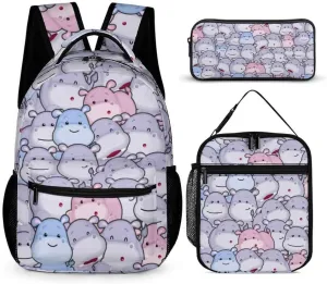 Hippo Backpack with Lunch Box & Pencil Case for Kids Girls Boys School, 16 Inch Cute Hippos Bookbag, School Backpack for Students Children, Lightweight, Large Capacity