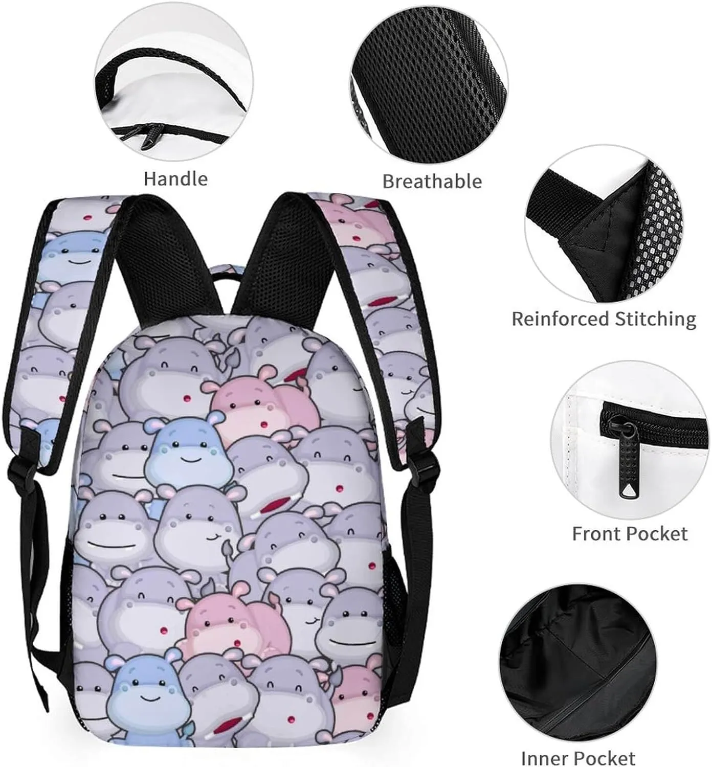 Hippo Backpack with Lunch Box & Pencil Case for Kids Girls Boys School, 16 Inch Cute Hippos Bookbag, School Backpack for Students Children, Lightweight, Large Capacity