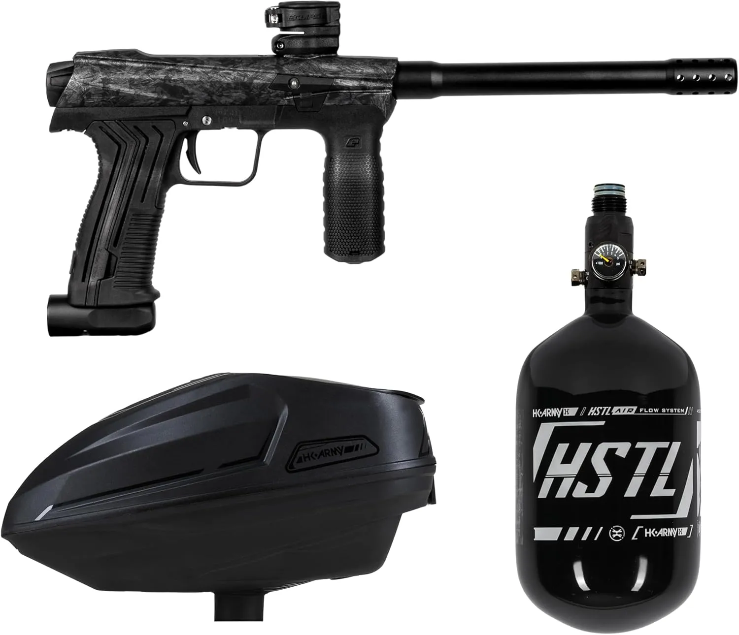 HK Army Planet Eclipse Emek Paintball Marker Package Sonic Loader 68ci/4500psi HPA Tank