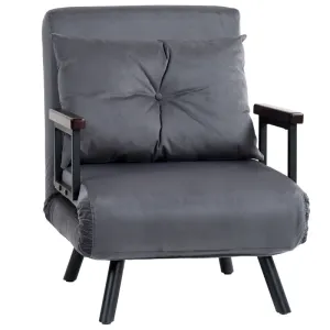 HOMCOM 4-in-1 Velvet-Feel Single Chair Bed with Pillow in Charcoal Grey