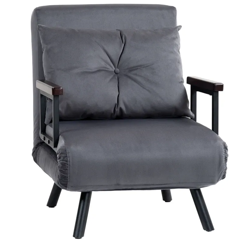 HOMCOM 4-in-1 Velvet-Feel Single Chair Bed with Pillow in Charcoal Grey