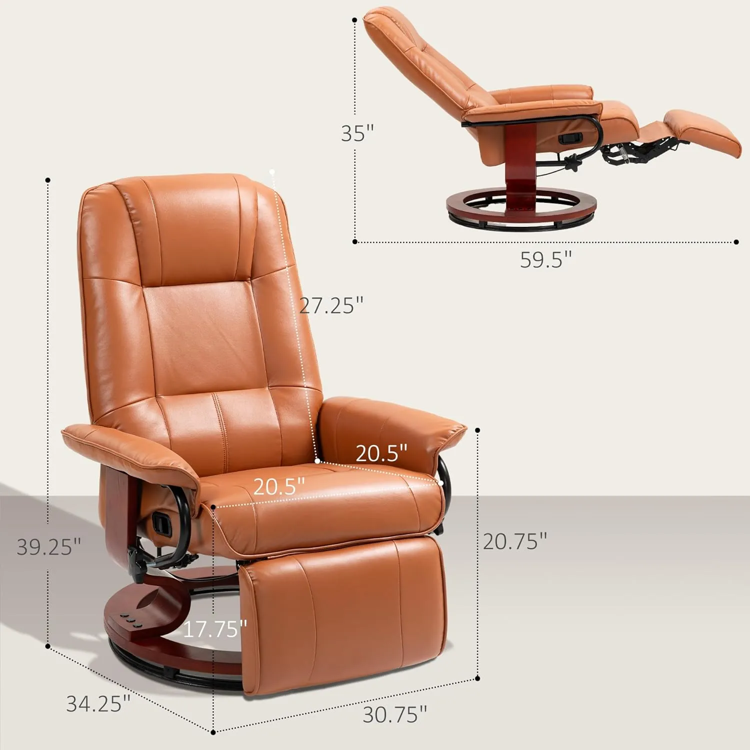 HOMCOM Faux Leather Manual Recliner, Adjustable Swivel Lounge Chair with Footrest, Armrest and Wrapped Wood Base for Living Room, Light Brown