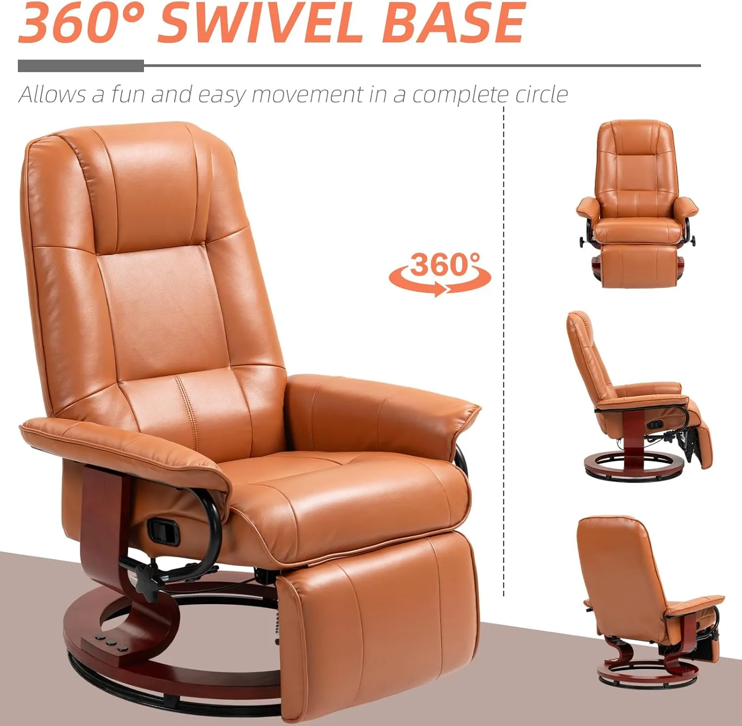 HOMCOM Faux Leather Manual Recliner, Adjustable Swivel Lounge Chair with Footrest, Armrest and Wrapped Wood Base for Living Room, Light Brown