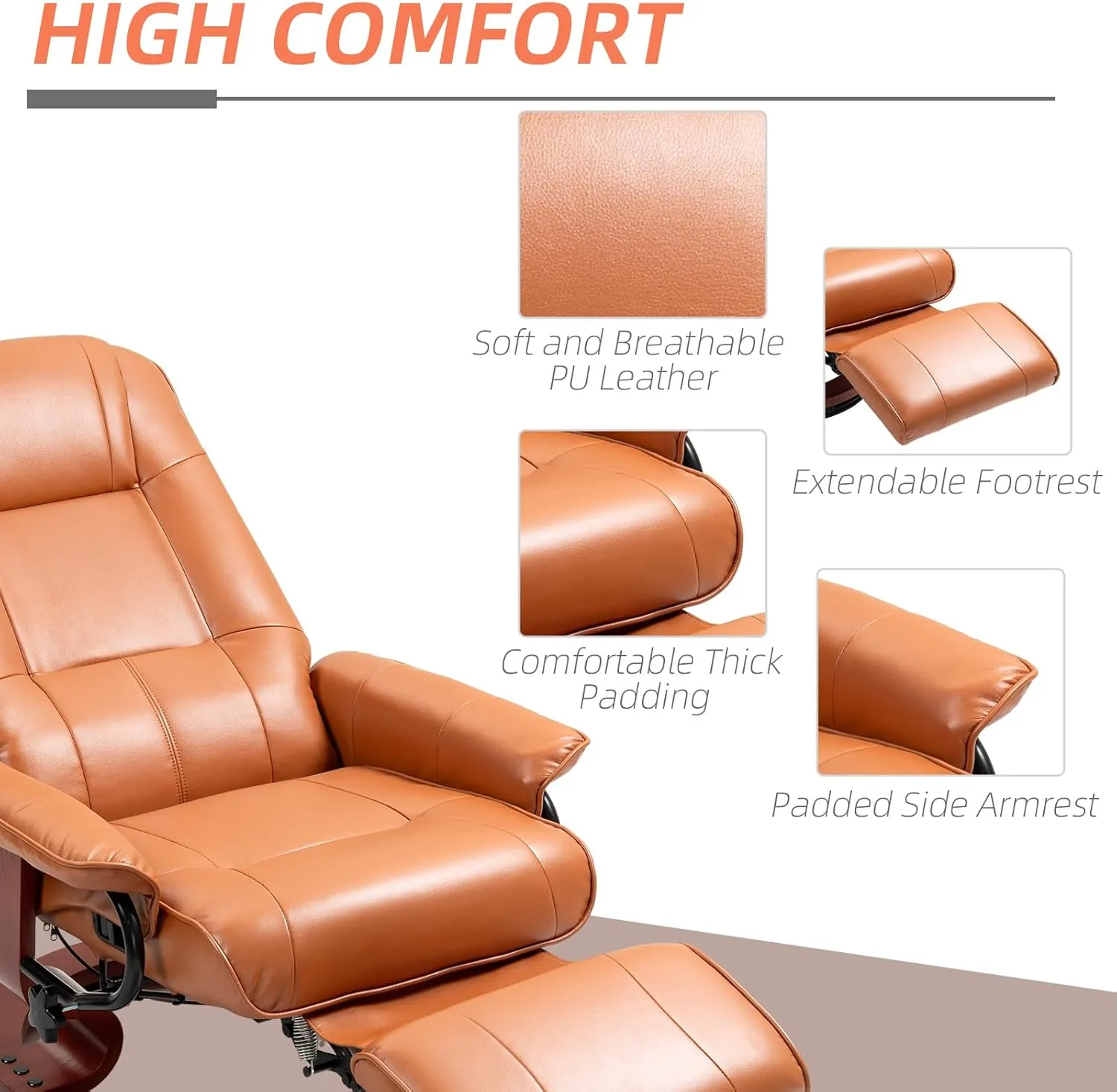 HOMCOM Faux Leather Manual Recliner, Adjustable Swivel Lounge Chair with Footrest, Armrest and Wrapped Wood Base for Living Room, Light Brown
