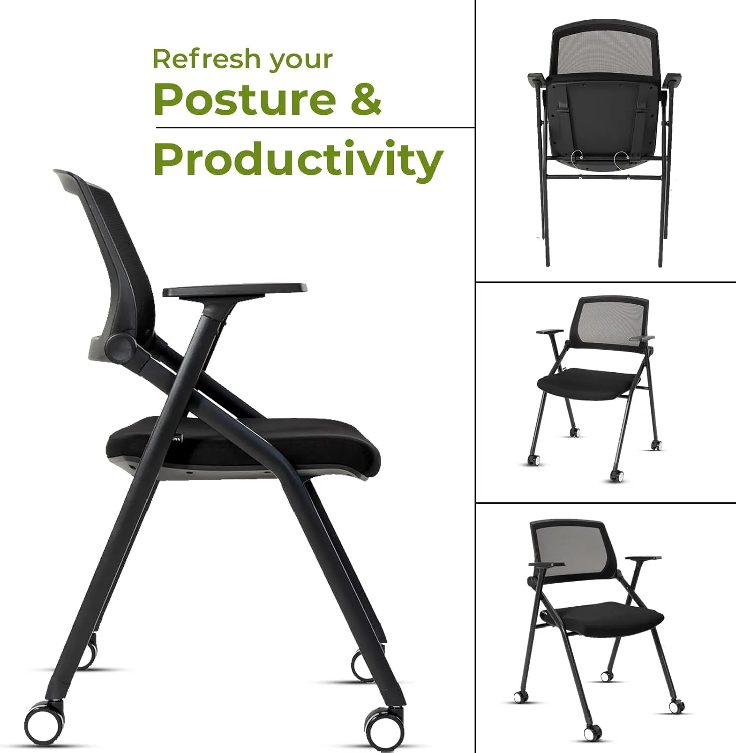 Home Office Chair Set of 4 Adjustable Armrest Ergonomic Mid-Back Breathable Mesh Foldable Conference Reception Chairs for School Waiting Room Small Space