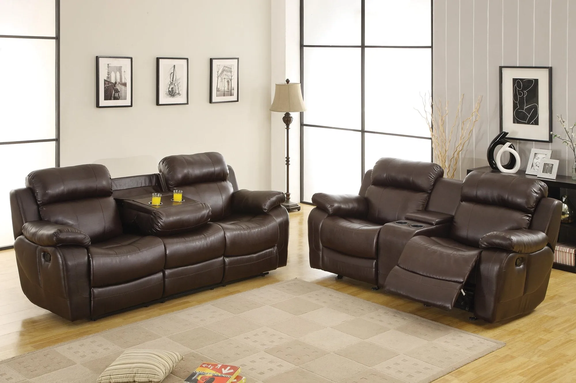 Homelegance Marille2PC Set Double Reclining Sofa with Drop-Down Cup Holders & Glider Recliner Chair in Leather - Dark Brown