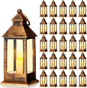 Hoolerry 24 Set Mini Lanterns with Flickering LED Candles 5.5'' Decorative Hanging Small Vintage Lantern Centerpiece Battery Powered for Wedding Table(Retro)