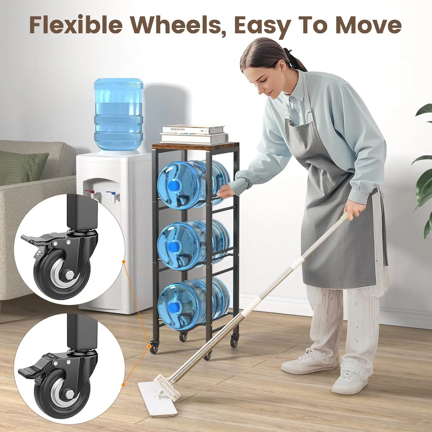 Hosolution 3-Tier 5 Gallon Water Jug Holder with Storage Shelve, 5 Gallon Water Jug Rack with Lockable Wheels, 5 Gallon Water Bottle Holder, Water Jug Stand for Kitchen Office Living Room, Brown