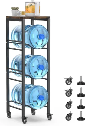 Hosolution 3-Tier 5 Gallon Water Jug Holder with Storage Shelve, 5 Gallon Water Jug Rack with Lockable Wheels, 5 Gallon Water Bottle Holder, Water Jug Stand for Kitchen Office Living Room, Brown