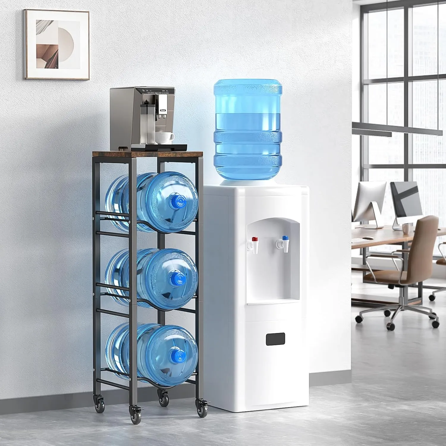 Hosolution 3-Tier 5 Gallon Water Jug Holder with Storage Shelve, 5 Gallon Water Jug Rack with Lockable Wheels, 5 Gallon Water Bottle Holder, Water Jug Stand for Kitchen Office Living Room, Brown