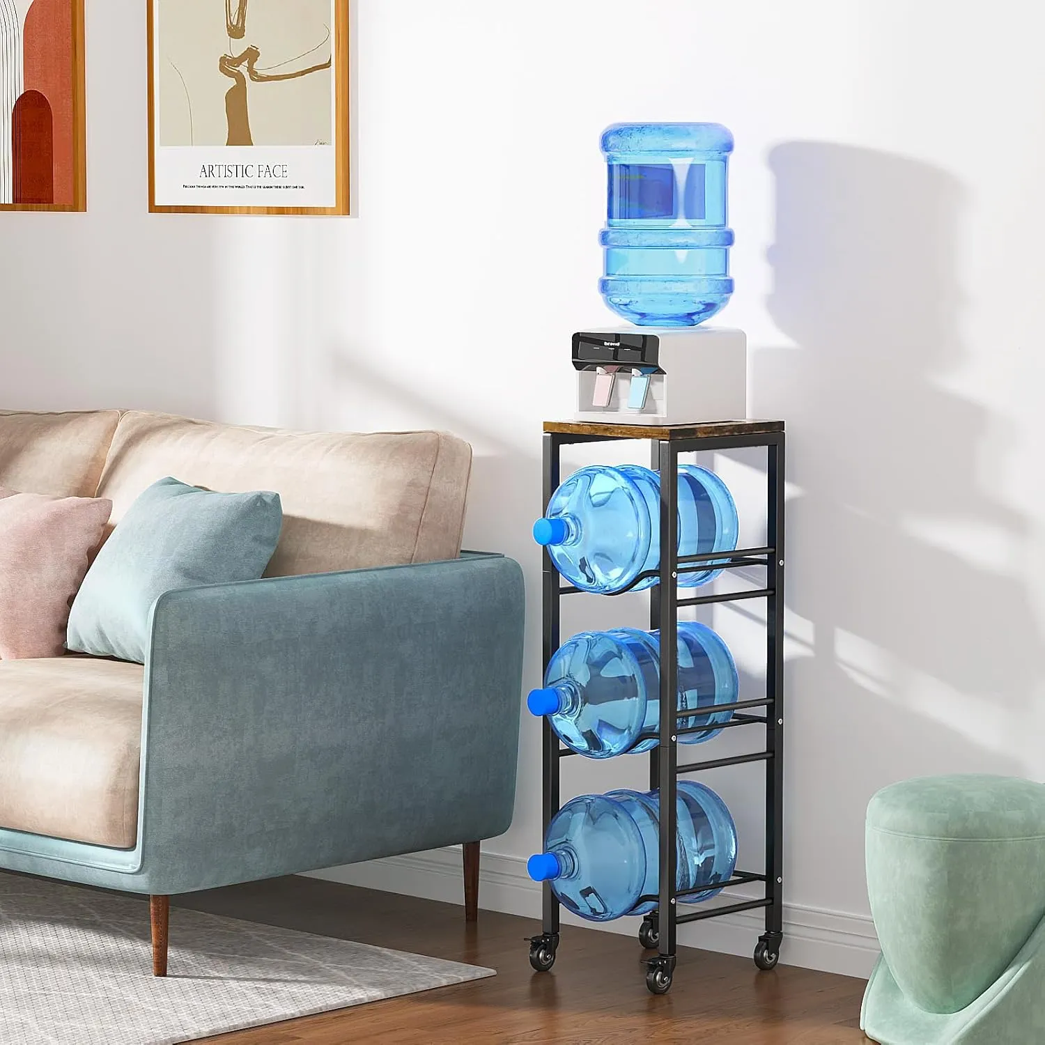 Hosolution 3-Tier 5 Gallon Water Jug Holder with Storage Shelve, 5 Gallon Water Jug Rack with Lockable Wheels, 5 Gallon Water Bottle Holder, Water Jug Stand for Kitchen Office Living Room, Brown