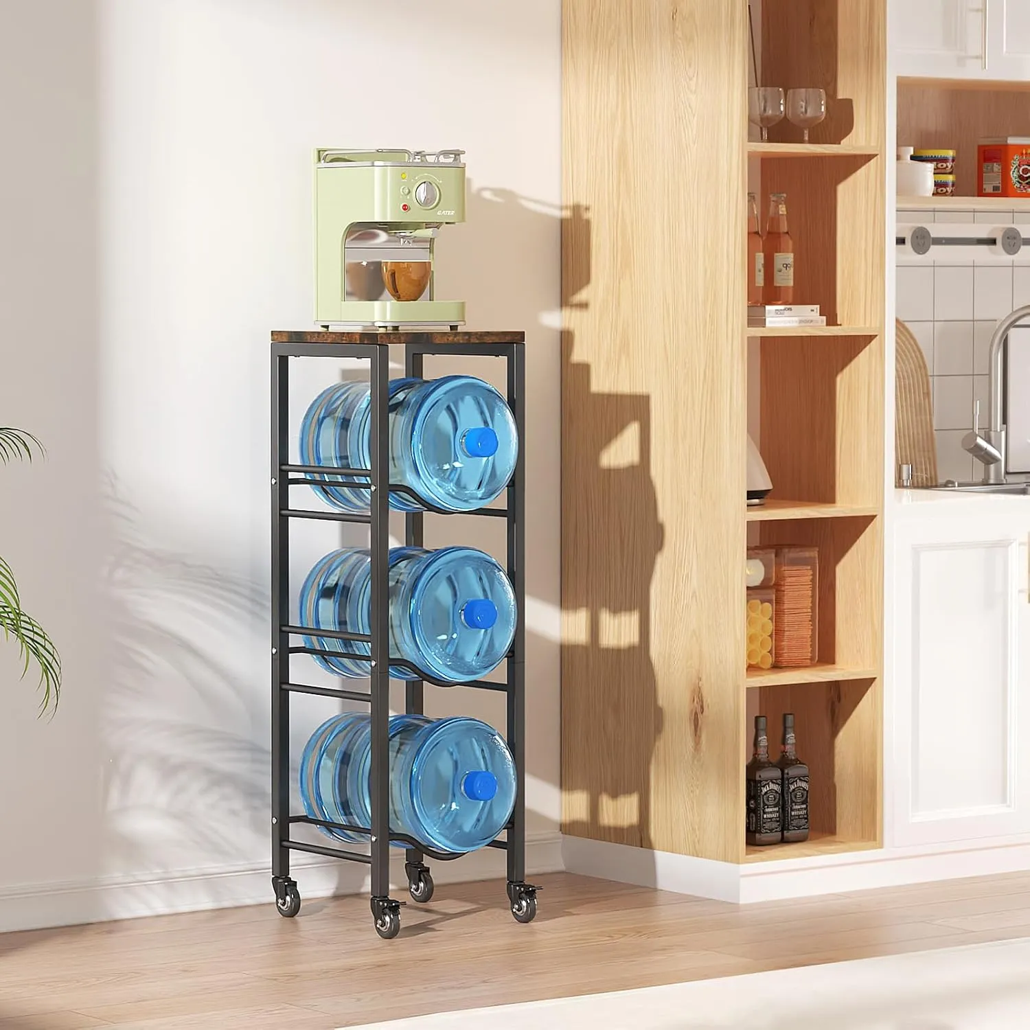 Hosolution 3-Tier 5 Gallon Water Jug Holder with Storage Shelve, 5 Gallon Water Jug Rack with Lockable Wheels, 5 Gallon Water Bottle Holder, Water Jug Stand for Kitchen Office Living Room, Brown