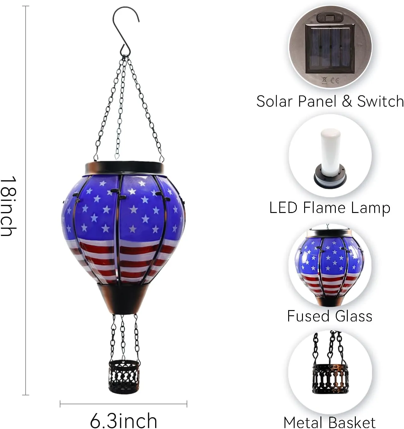 Hot Air Balloon Outdoor Solar Lantern with Flickering Flame, Hanging Light Waterproof for Garden Patio Yard Party Porch Decor, Solar Glass Lamp for Outside Decorative Gifts (Flag)