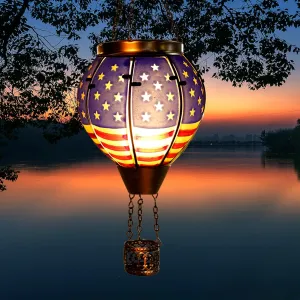 Hot Air Balloon Outdoor Solar Lantern with Flickering Flame, Hanging Light Waterproof for Garden Patio Yard Party Porch Decor, Solar Glass Lamp for Outside Decorative Gifts (Flag)
