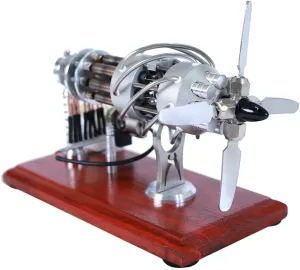 Hot Air Stirling Engine Model Kit, 16 Cylinder Stirling Engine with Propeller and Wooden Base, Power Generator Education Toy for Adult Kid