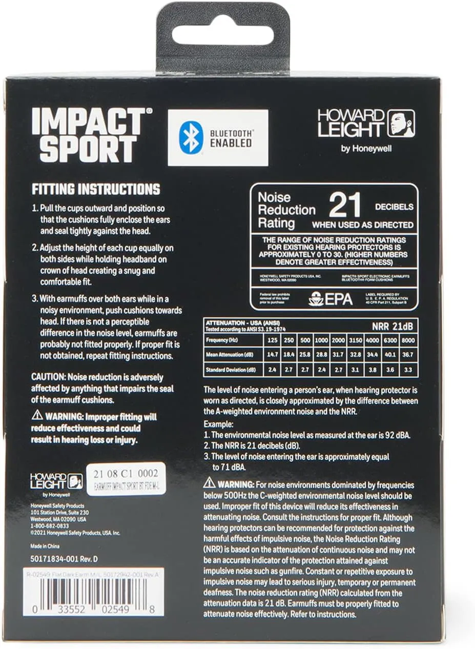 Howard Leight Impact Sport Bluetooth Shooting Earmuff, Black, 21dB Noise Attenuation, Unisex-Youth/Adults
