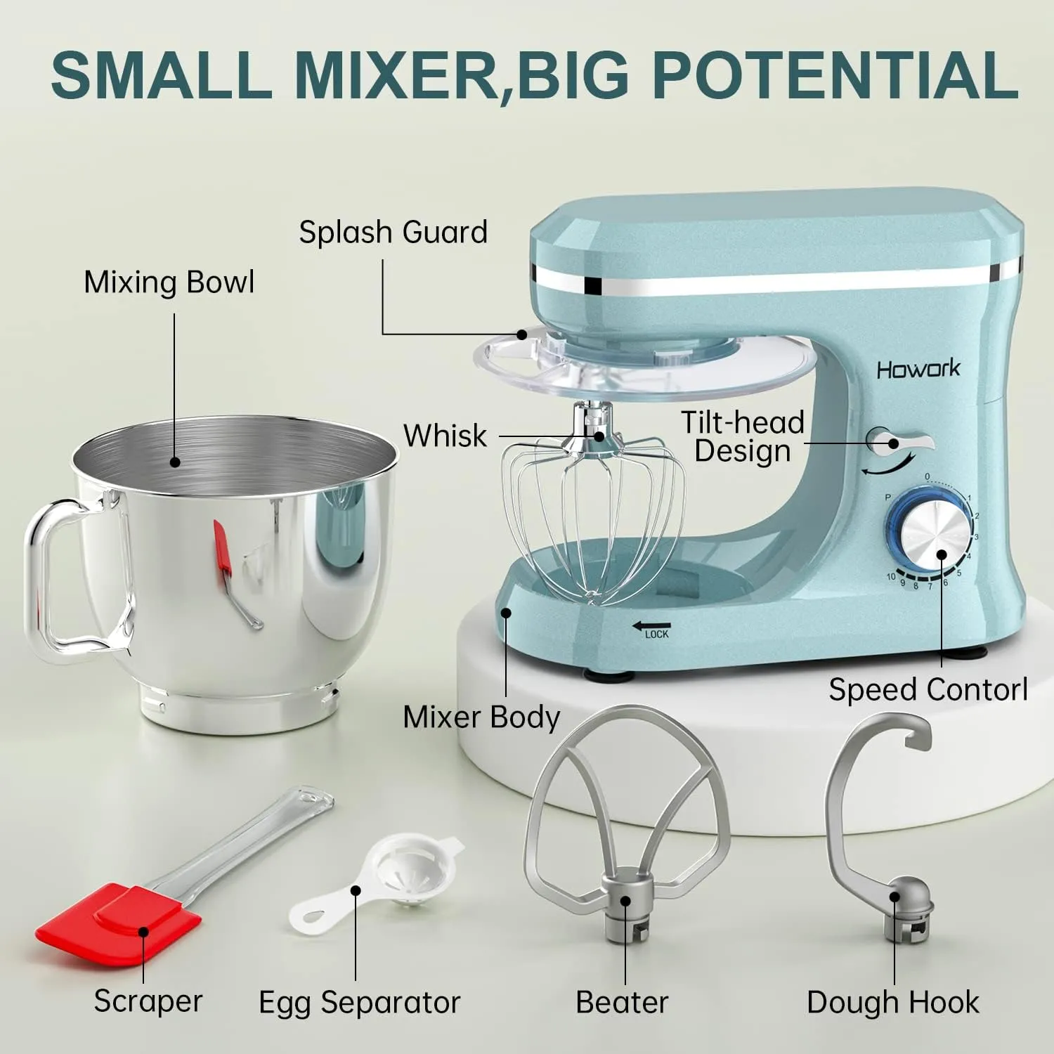 HOWORK Electric Stand Mixer,10 p Speeds With 6.5QT Stainless Steel Bowl,Dough Hook, Wire Whip & Beater,for Most Home Cooks,Blue