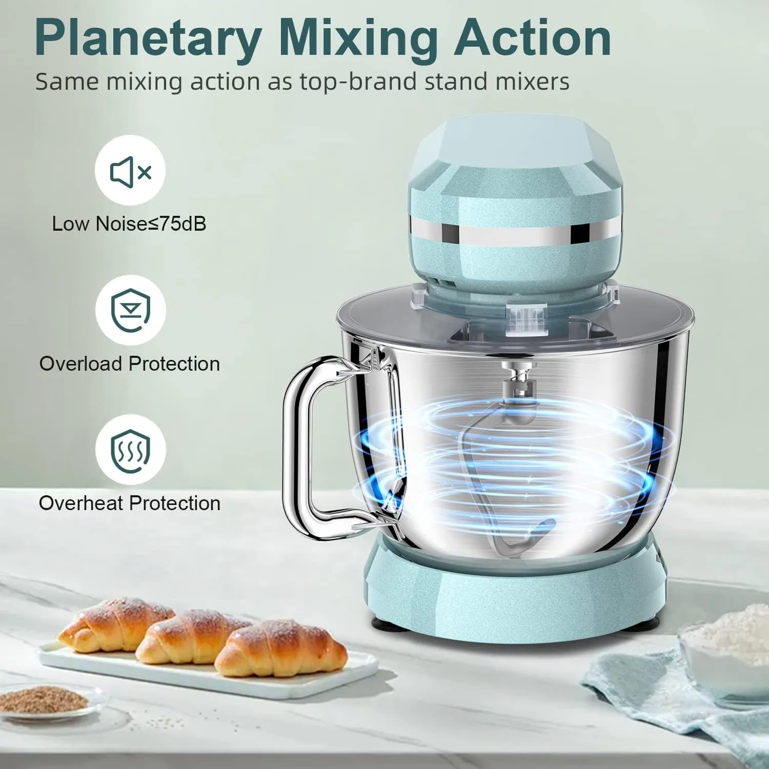 HOWORK Electric Stand Mixer,10 p Speeds With 6.5QT Stainless Steel Bowl,Dough Hook, Wire Whip & Beater,for Most Home Cooks,Blue