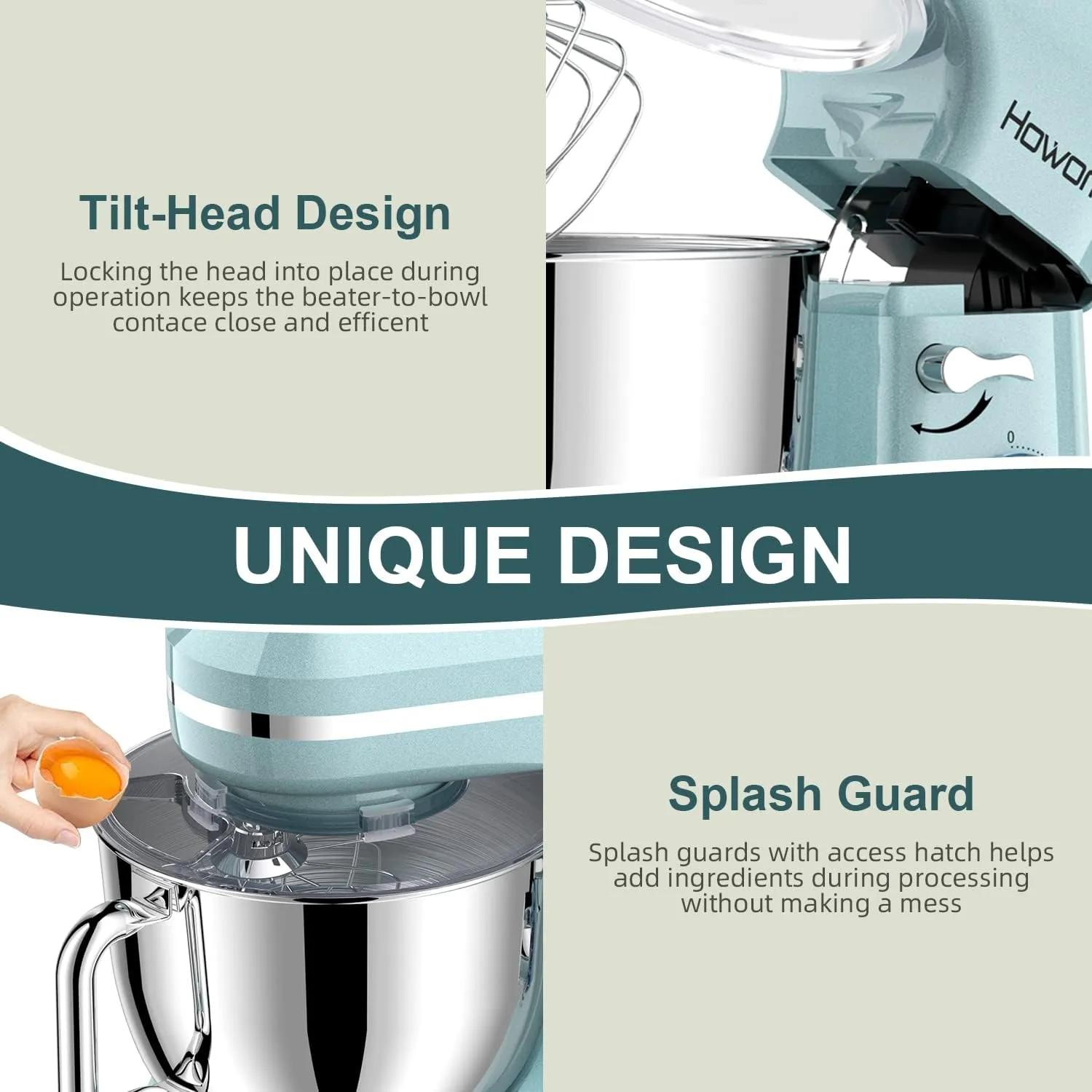 HOWORK Electric Stand Mixer,10 p Speeds With 6.5QT Stainless Steel Bowl,Dough Hook, Wire Whip & Beater,for Most Home Cooks,Blue