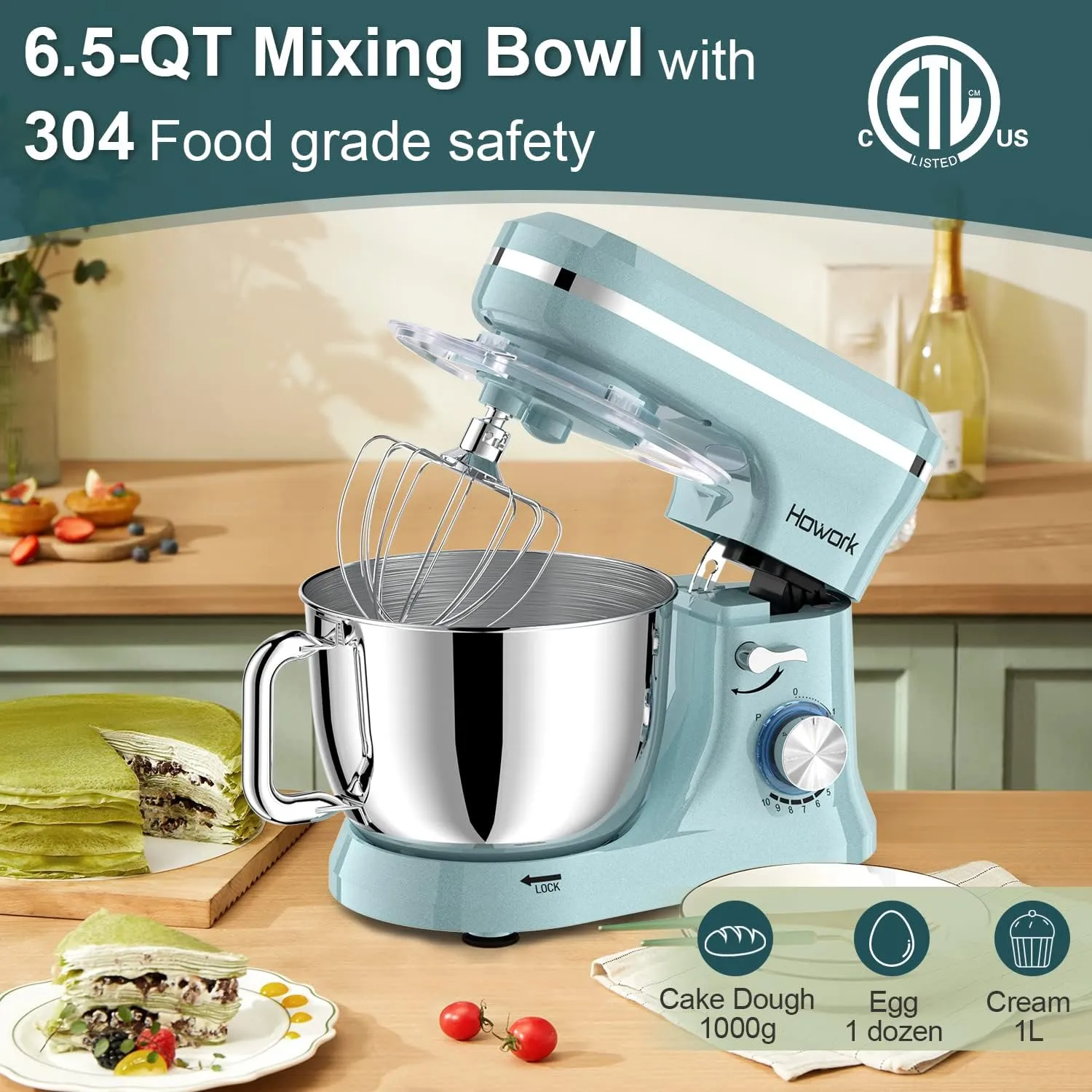 HOWORK Electric Stand Mixer,10 p Speeds With 6.5QT Stainless Steel Bowl,Dough Hook, Wire Whip & Beater,for Most Home Cooks,Blue