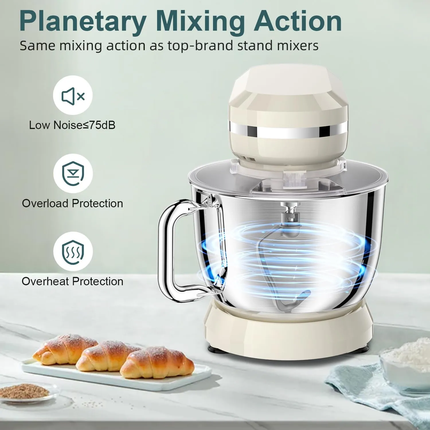 HOWORK Electric Stand Mixer,10 p Speeds With 6.5QT Stainless Steel Bowl,Dough Hook, Wire Whip & Beater,for Most Home Cooks,Cream White