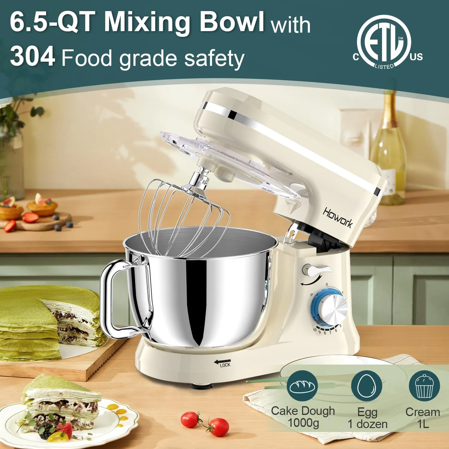 HOWORK Electric Stand Mixer,10 p Speeds With 6.5QT Stainless Steel Bowl,Dough Hook, Wire Whip & Beater,for Most Home Cooks,Cream White