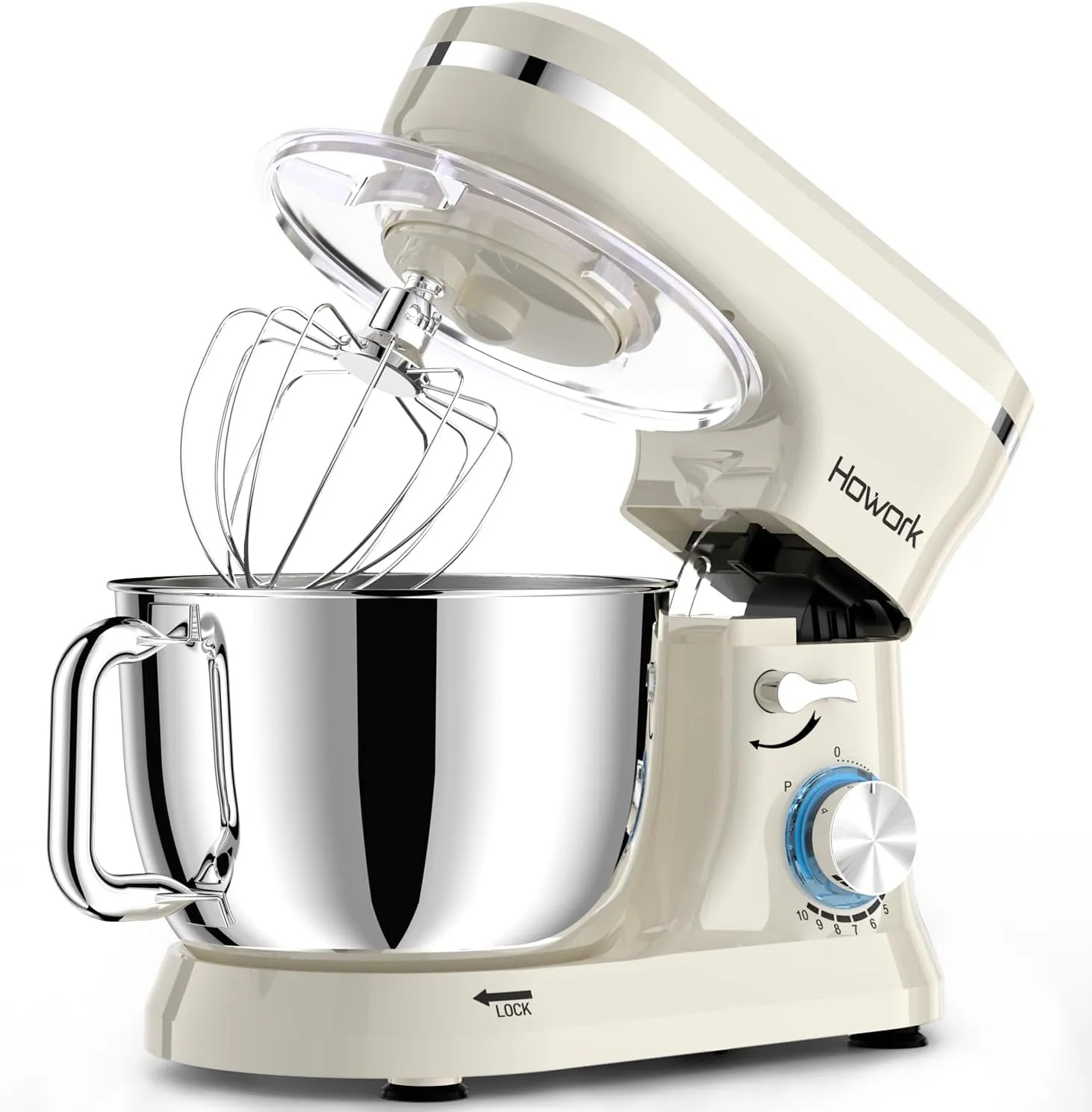 HOWORK Electric Stand Mixer,10 p Speeds With 6.5QT Stainless Steel Bowl,Dough Hook, Wire Whip & Beater,for Most Home Cooks,Cream White